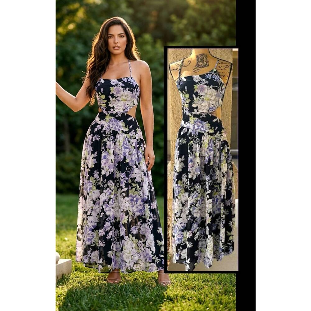 ASTR The label Floral Side Cut Out Open Back Midi Dress Size M